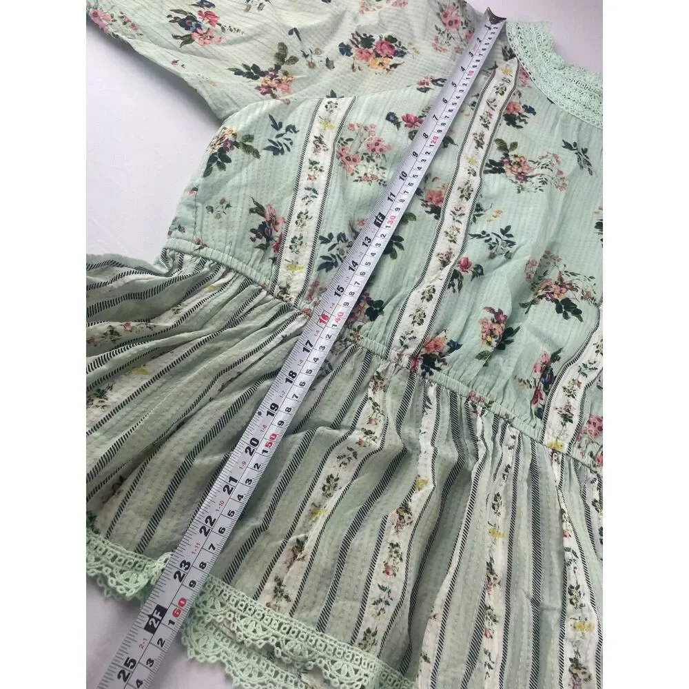 ~ Anthropologie XL Hemant & Nandita Blouse Floral Mint Lace Aqua Green Elastic - Picture 6 of 16